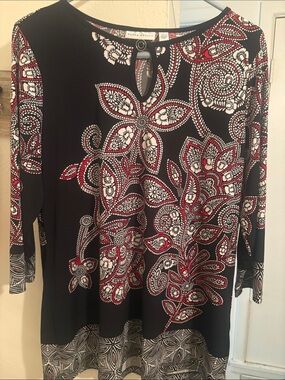 Susan Graver Black Tunic with Red & White Paisley Floral